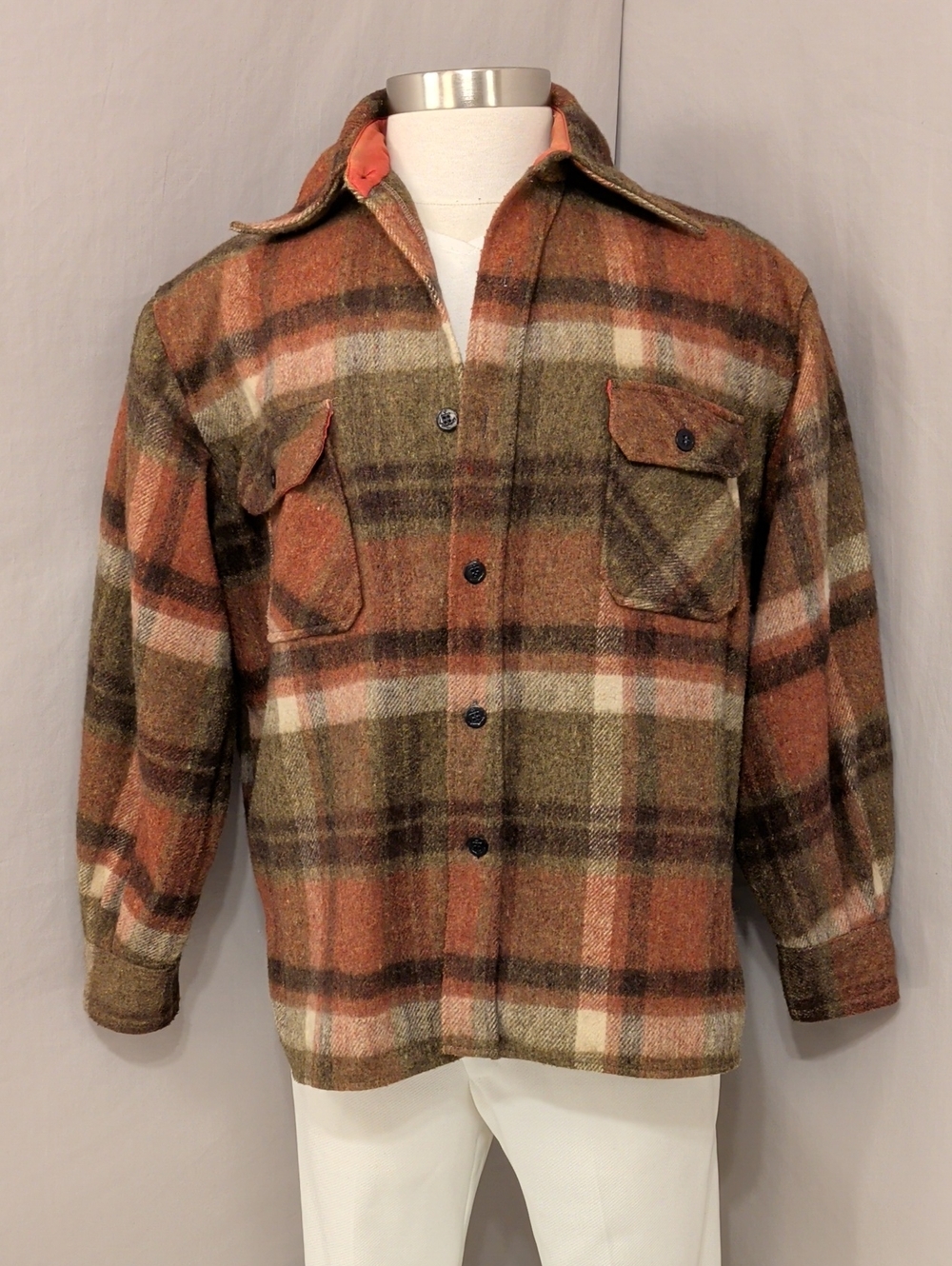 Vintage 80s Men's Plaid Shirt Shaket Jacket Wool Linen Blend Rust & Olive Green